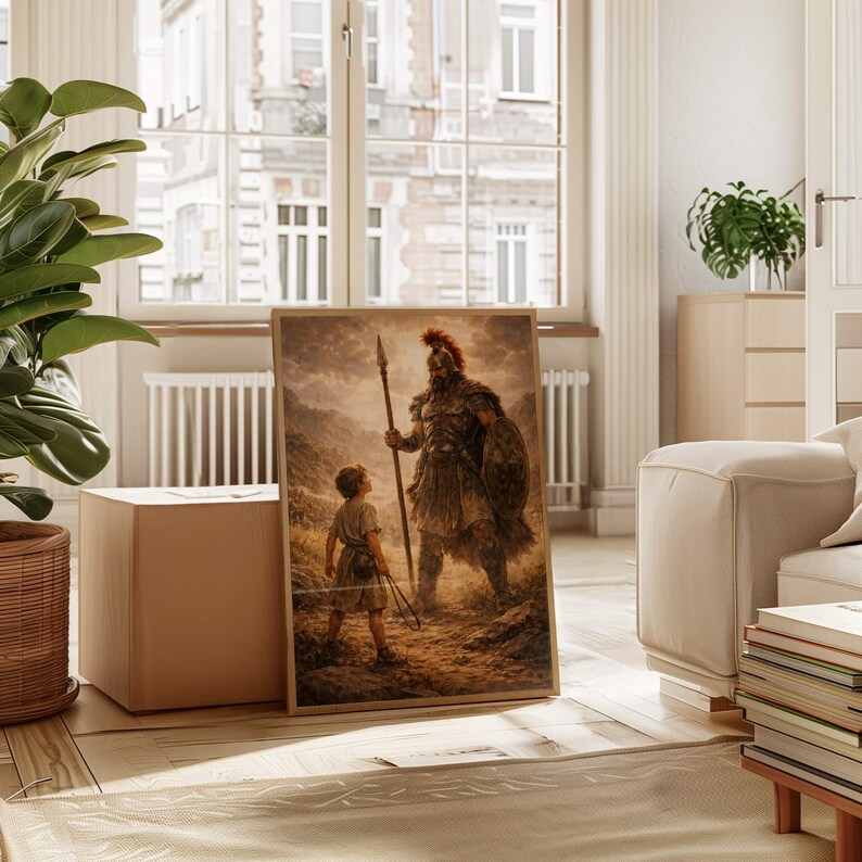 David and Goliath Wall Art - Old Testament 1 Samuel 17:45 Biblical Scene Print, Digital Christian Printable Art for Catholic Home Decor image 2