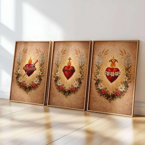 Three Hearts of the Holy Family Wall Art Set of 3 - Sacred Heart of Jesus, Immaculate Heart of Mary, Most Chaste Heart of Saint Joseph Print
