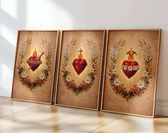 Three Hearts of the Holy Family Wall Art Set of 3 - Sacred Heart of Jesus, Immaculate Heart of Mary, Most Chaste Heart of Saint Joseph Print