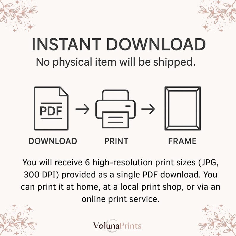 Pode incluir: Imagem com o texto "DOWNLOAD INSTANT&Acirc;NEO" e um diagrama mostrando as etapas: baixar, imprimir e emoldurar. O texto tamb&eacute;m afirma que nenhum item f&iacute;sico ser&aacute; enviado e que voc&ecirc; receber&aacute; 6 tamanhos de impress&atilde;o de alta resolu&ccedil;&atilde;o.