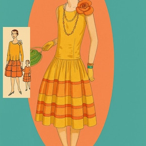 May include: Illustration of a woman in a yellow and orange dress from 1928. The dress has a floral accent and a striped skirt. The image includes the text "1928" and "Bust 96cm".