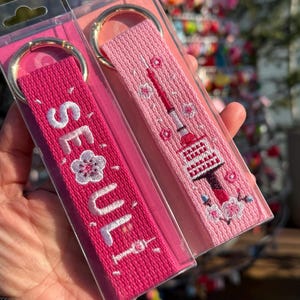 Best Friend Gift Seoul Souvenir Bag Charm, Korean Embroidery Keychain Wristlet, Set of 2 Friendship Gift, Meaningful Travel Keepsake