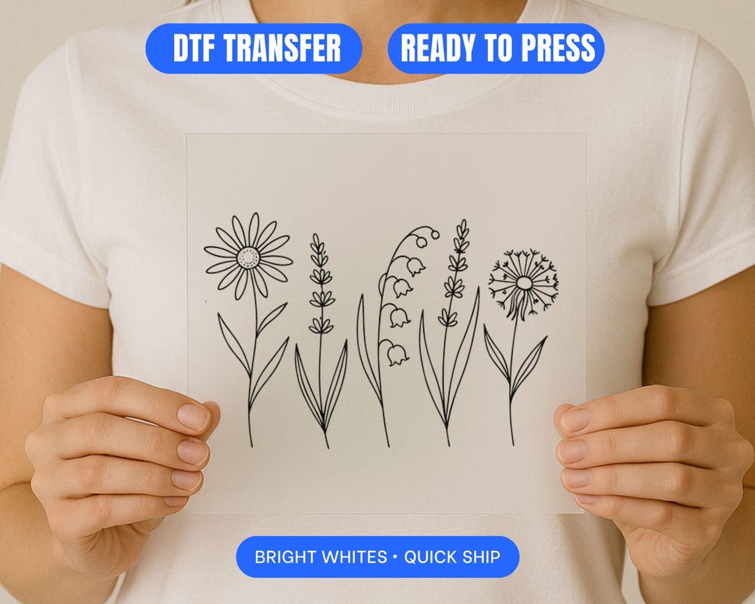 Wildflower Art DTF Transfer Ready to Press, Minimalist Floral Bouquet ...