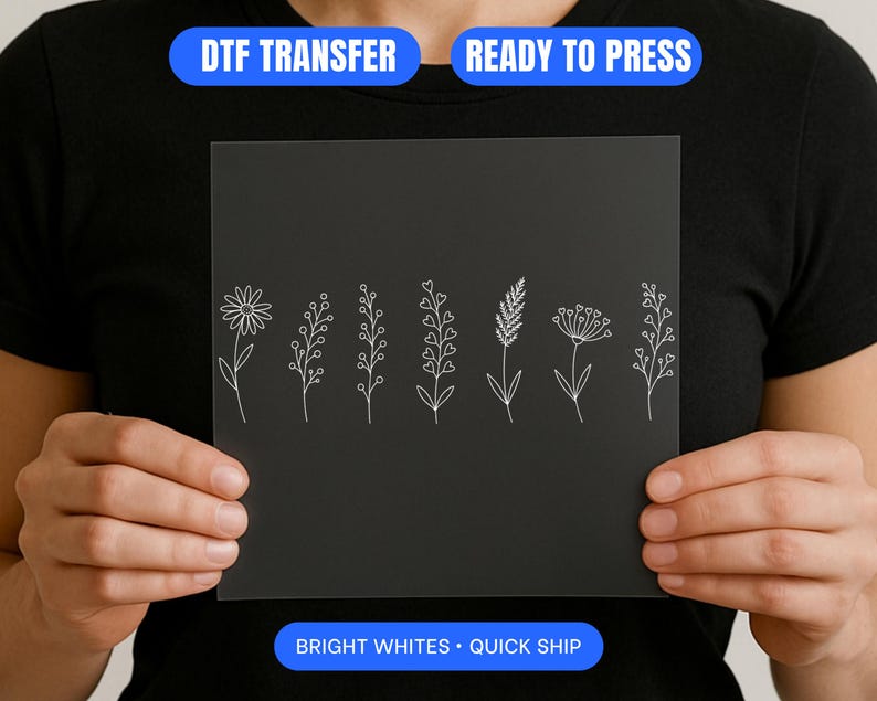 Wildflower Line Art DTF Transfer, Minimalist Floral Ready to Press ...