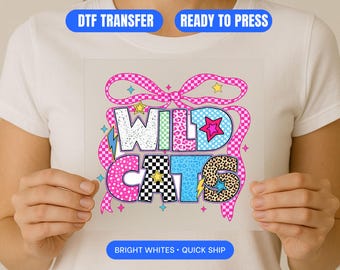 Wildcats DTF Transfer – Colorful Pattern Varsity Letters with Bow – Trendy Spirit Wear Heat Transfer