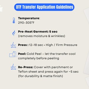Pu&ograve; includere: Grafica delle linee guida per l'applicazione del trasferimento DTF. Istruzioni per l'applicazione dei trasferimenti, tra cui temperatura, preriscaldamento, pressatura, spellatura e ripressatura. La temperatura &egrave; di 143-152&deg;C. Il logo Press Pilot Co. &egrave; in alto a sinistra.