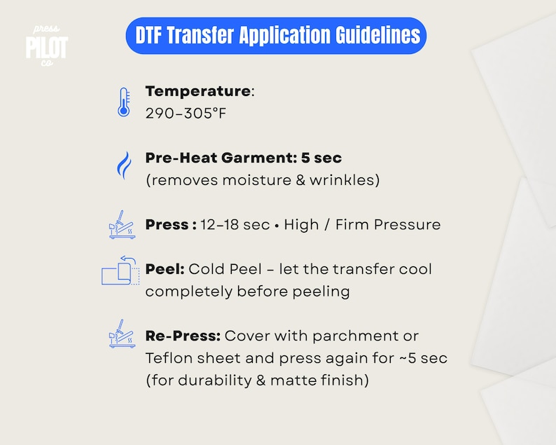 Pu&ograve; includere: Grafica delle linee guida per l'applicazione del trasferimento DTF. Istruzioni per l'applicazione dei trasferimenti, tra cui temperatura, preriscaldamento, pressatura, spellatura e ripressatura. La temperatura &egrave; di 143-152&deg;C. Il logo Press Pilot Co. &egrave; in alto a sinistra.