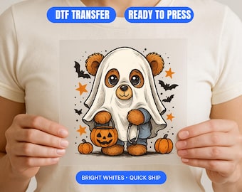 Leuke Ghost Bear DTF-overdracht | Halloween-shirtontwerp voor kinderen | Trick or Treat herfstprint | Drukklare warmteoverdracht