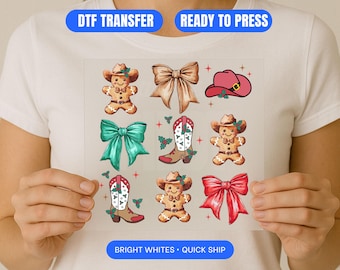 Western Christmas DTF Transfer | Cowboy Gingerbread Cookies, Boots & Bows Heat Press Design High Quality Iron On Print