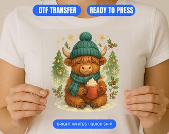 Cozy Highland Cow Christmas DTF Transfer – Winter Holiday Shirt Print