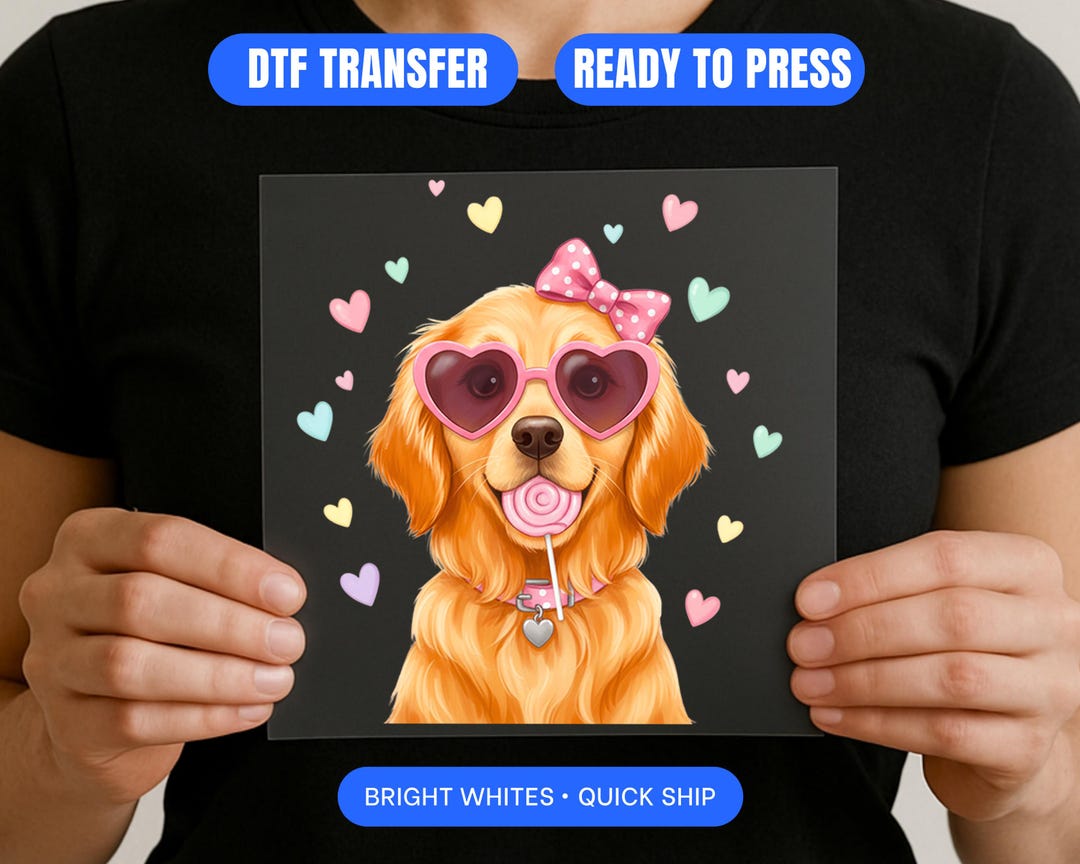 Golden Retriever DTF Transfer, Puppy Valentine's Day Ready to Press ...