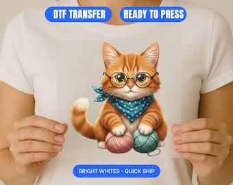 Knitting Cat Shirt DTF Transfer Cute Cat with Glasses T-Shirt Yarn Lover Gift Tee Ready to Press