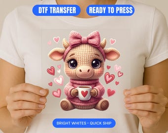 Pode incluir: Uma transferência DTF com uma vaca de desenho animado fofa usando um suéter rosa, laço e faixa de cabeça, segurando uma caneca com um coração. Corações rosa cercam a vaca. O texto na transferência diz "DTF TRANSFER", "READY TO PRESS" e "BRIGHT WHITES • QUICK SHIP".