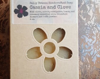 CASSIA and CLOVE- Handmade soap with clove, cassia, lemon, eucalyptus, and rosemary essential oils, luffa powder, and calendula.