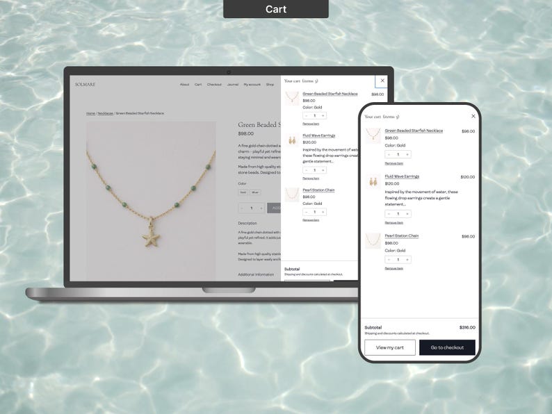 Op de afbeelding: Een laptop en smartphone tonen een e-commerce website met sieraden. De laptop toont een gouden ketting met groene kralen en een zeester-bedel. De smartphone toont de winkelwagen met de ketting en oorbellen.