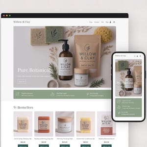 Può includere: Un sito web e uno smartphone presentano il marchio di cura della pelle naturale Willow & Clay. Il sito web mostra prodotti come saponette, sali da bagno e sieri. Il logo del marchio e la frase "Pure Botanicals" sono visibili.