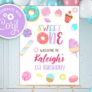 Editable Sweet One Birthday Welcome Sign, 1st Birthday Welcome Poster Dessert sign Girl Sweet Celebration Ice Cream Candy Donut Download