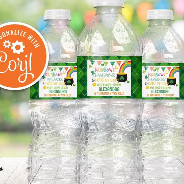 Editable St Patricks Day Water Bottle Label Rainbows Shamrocks and Pots of Gold Four Leaf Clover Birthday Printable Instant Download