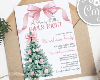 Girls Night Christmas Party Invitation Template, Pink Bow Holiday Christmas Dinner Invitation, Xmas Friendsmas Cocktail Work Party Invite