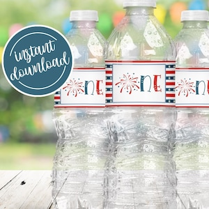 Firecracker 1st Birthday Water Bottle Label: Patriotic Stars & Stripes (Digital Download)