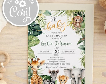 Può includere: Un invito a una baby shower a tema giungla con foglie verdi, una giraffa, una zebra, un leone e un elefante. Il testo recita "oh baby!" e "unisciti a noi per una baby shower in onore di Leslie Johnson, sabato 20 giugno 2025 alle 14:00".