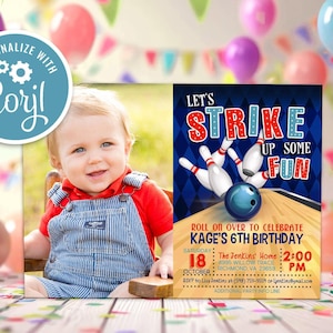 Bowling Birthday Party Invitation Let's Strike Up Some Fun Roll on Over Editable Printable Photo Instant Download Digital Invite Template