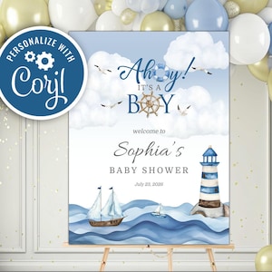Bearbeitbar Ahoi Es ist ein Junge Baby Shower Willkommensschild, Nautische Leuchtturm Junge Blau Boot Baby Shower Printable Sofortiger Download Schild Vorlage
