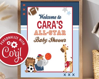 All Star Baby Shower Welcome Sign: Sports Animals (Editable Template)