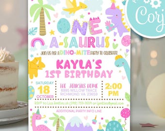 Pink T-Rex Dinosaur 1st Birthday Invitation: One-A-Saurus Party (Editable Template, Digital Download)