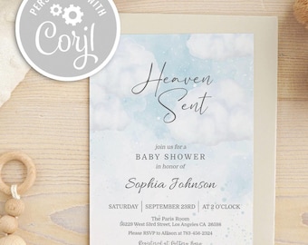Heaven Sent Baby Shower Invitation: Blue Sky Cloud Design (Editable Digital Template)