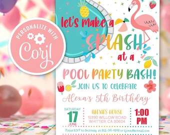 Flamingo Pool Party Invitation, Girl Tropical Pool Party Bash Birthday Invitation Flamingo Editable Instant Download Digital Invite Template
