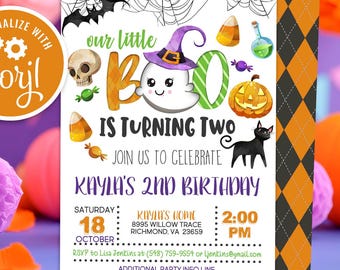 編集可能な「Boo is Two」ゴーストバースデー招待状：デジタルダウンロード