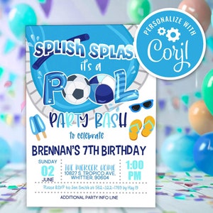 Editable Soccer Pool Party Birthday Invitation Sports Summer Pool Party Boy Printable Instant Download Digital Invite Template