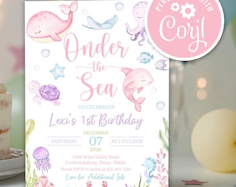 Oneder the Sea Birthday Invitation, Under the Sea Editable Template, 1st Birthday Invite, Ocean Animals Girl Oneder the Sea Invite