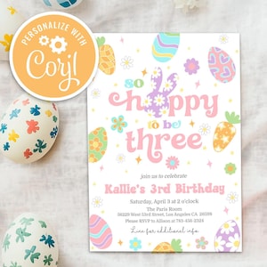 Bunny 3rd Birthday Invitation: Floral Spring Theme (Editable, Digital Download)