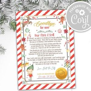 Carta de despedida de elfo editável Carta de retorno Menino de Natal Elfo Adeus Estou indo embora Elfo de Natal Papai Noel Modelo para impressão SL1