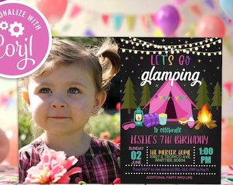 May include: A printable invitation for a girl's 7th birthday party with a camping theme. The invitation features a pink tent, a campfire, and the text "Let's Go Glamping" in a colourful font. The invitation is personalised with the name "Leslie" and the date and time of the party.