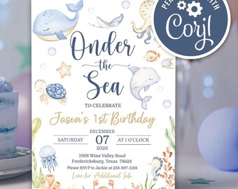 Oneder the Sea Birthday Invitation, Under the Sea Editable Template, 1st Birthday Invite, Ocean Animals Boy Oneder the Sea Invite