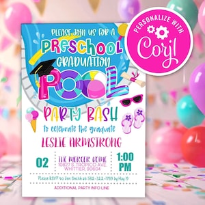 Uitnodiging voor peuterfeestje afstudeerfeestje: bewerkbaar zomerfeest (digitale sjabloon)