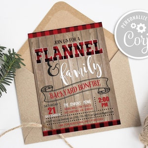 Flannel and Friends Invitation Backyard Bonfire Invite Rustic Buffalo Plaid Christmas Party Invitation Printable Instant Download Template
