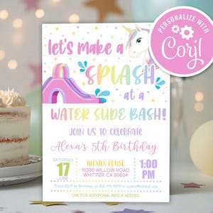 Unicorn Waterslide Birthday Invitation, Rainbow Girl Unicorn Water Slide Birthday Invitation Printable Instant Download Invite Template