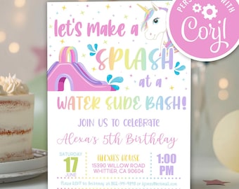 Unicorn Waterslide Birthday Invitation, Rainbow Girl Unicorn Water Slide Birthday Invitation Printable Instant Download Invite Template