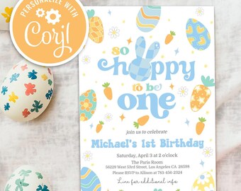 Bunny 1st Birthday Invitation: So Hoppy, Spring Easter Theme (Digital Template)