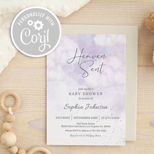 Heaven Sent Baby Shower Invitation: Purple Cloud Design (Editable Digital Template)
