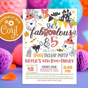 May include: A Halloween party invitation with the text "She's fabBOOlous & 5", featuring cartoon ghosts, a black cat, and a haunted house. The invitation includes party details like the date, time, and location.