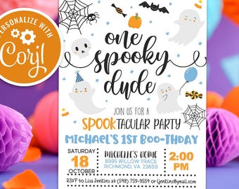 Spooky One Dude Ghost Birthday Invitation: First Birthday Invite (Digital Download)
