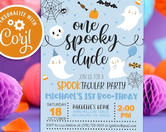 Bearbeitbar One Spooky Dude Halloween Geburtstagseinladung, Blau Spooky One Ghost Erster 1.Geburtstagsfeier Cute Boy Ghost Spooktacular Download