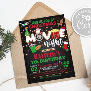 Christmas Movie Night Invitation, Christmas Holiday Family Movie Night Party Editable Digital Printable Instant Download Template Invite
