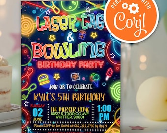 Neon Laser Tag Bowling Birthday Invitation: Editable Party Template (Instant Download)