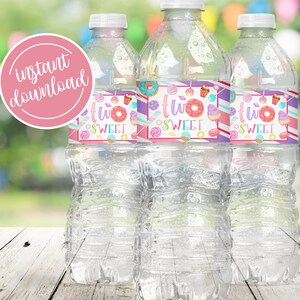Two Sweet Birthday Water Bottle Label 2nd Girl Birthday Donut Ice Cream Dessert Candy Sweets Party Pink Instant Download Printable Label